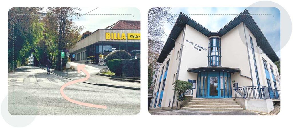 Zufahrt zur Gemeinschaftspraxis über den BILLA-Parkplatz in der Waltendorfer Hauptstraße mit Blick auf das Hans-Stabinger-Haus